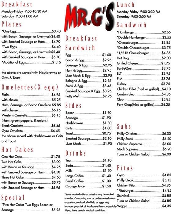 Mr Gs Menu Menu Untuk Mr Gs West Charlotte Charlotte Urbanspoon