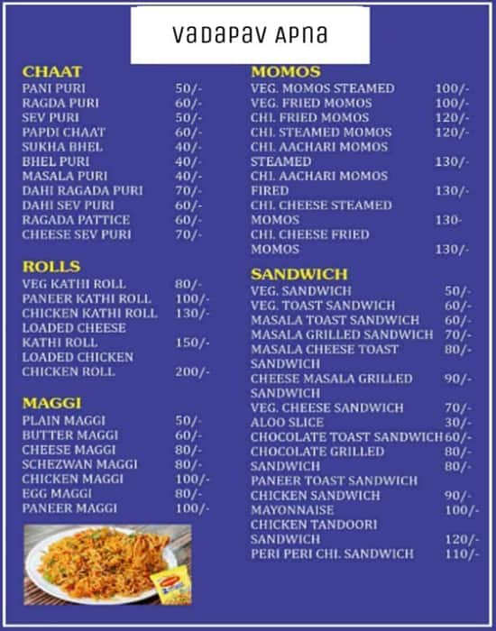 Menu of Vadapav Apna, Borivali West, Mumbai