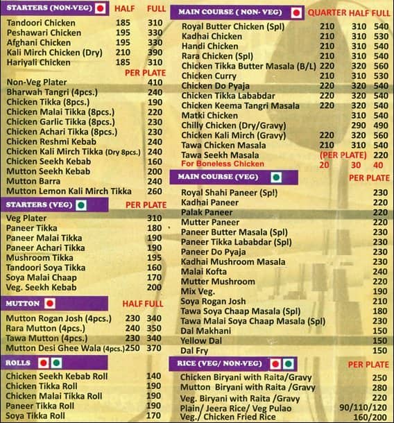 Royal Punjab menu, Menu restauracji Royal Punjab, Jail Road, New Delhi