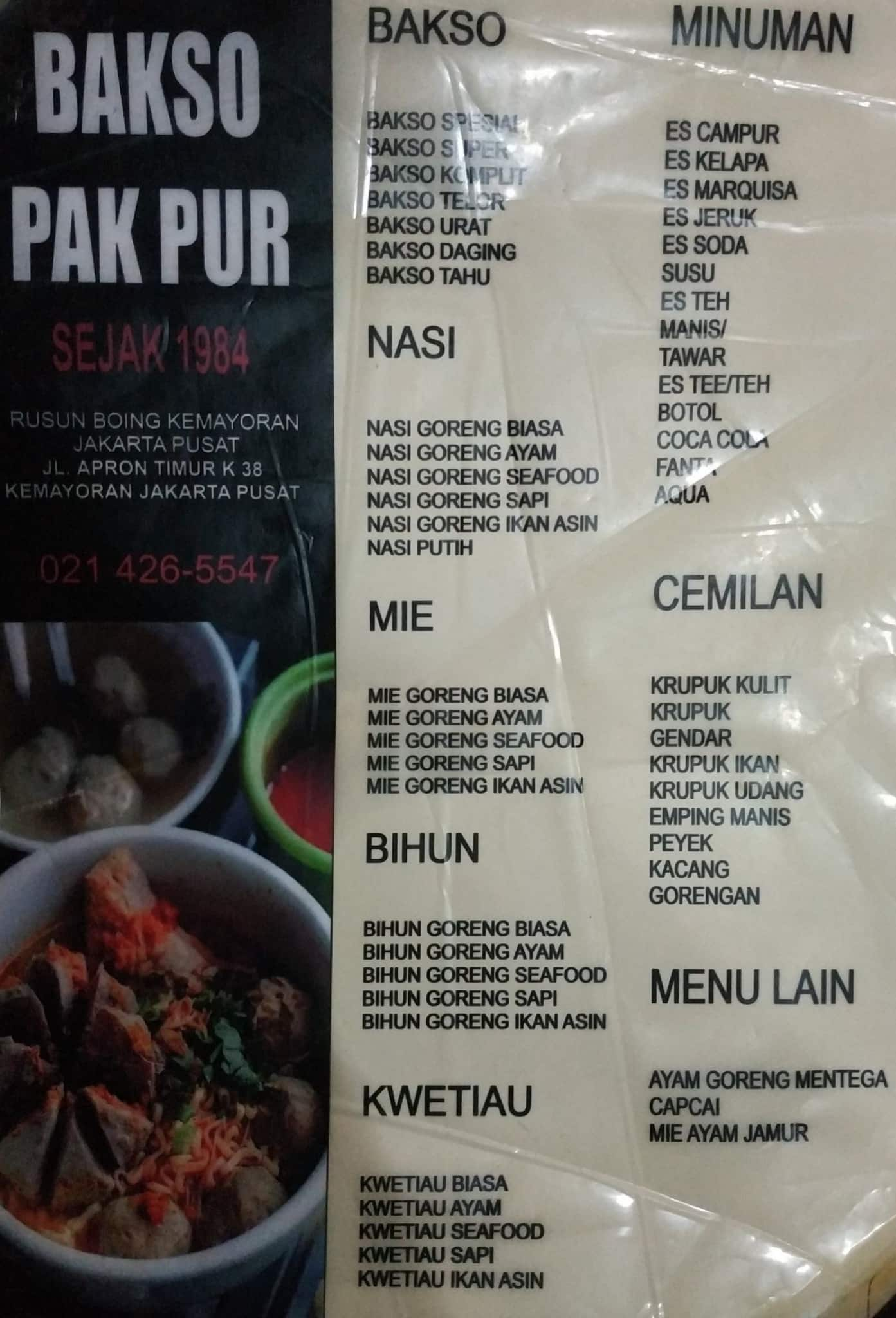 Menu At Bakso Pak Pur Restaurant Jakarta Jl Apron Kecamatan No 47