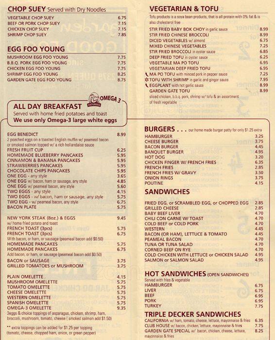 Menu at Garden Gate Restaurant, Toronto