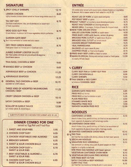 Menu at Garden Gate Restaurant, Toronto