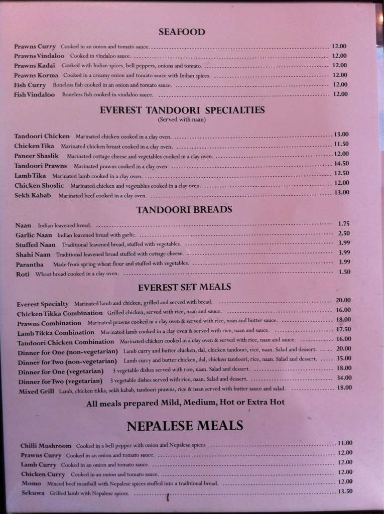 Menu at Everest Indian Restaurant, West Kelowna