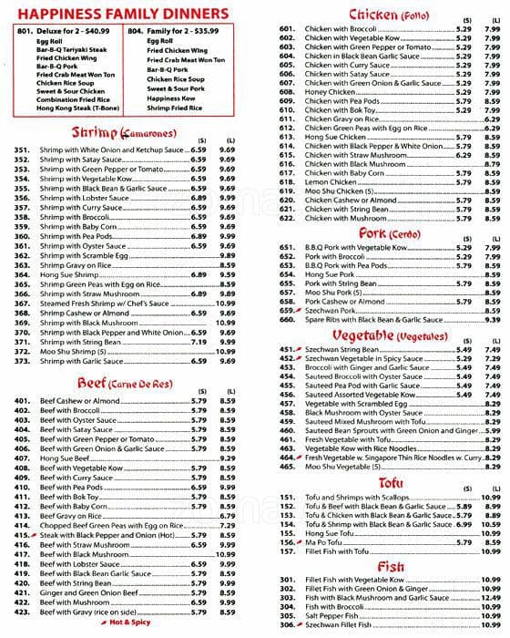 Menu at Happiness restaurant, Chicago, S Halsted St