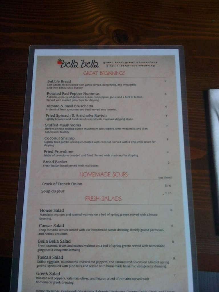 Menu at Bella Bella pub & bar, Tallahassee