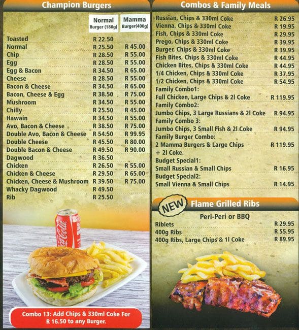Menu at Chippos Ilanga restaurant, Nelspruit