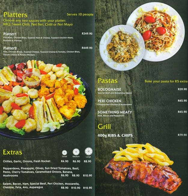 Menu at Chippos Ilanga restaurant, Nelspruit