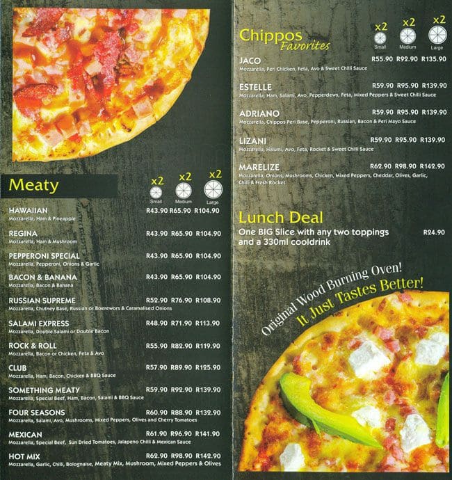 Menu at Chippos Ilanga restaurant, Nelspruit