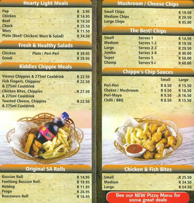 Menu at Chippos Ilanga restaurant, Nelspruit