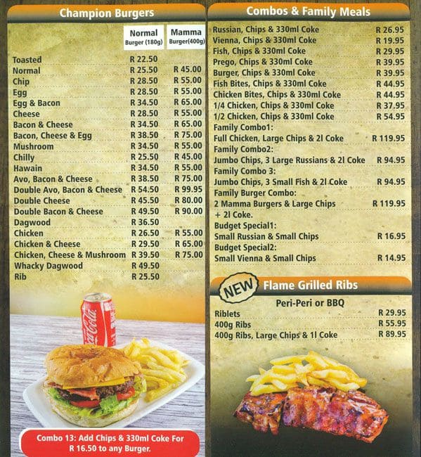 Menu at Chippos Ilanga restaurant, Nelspruit