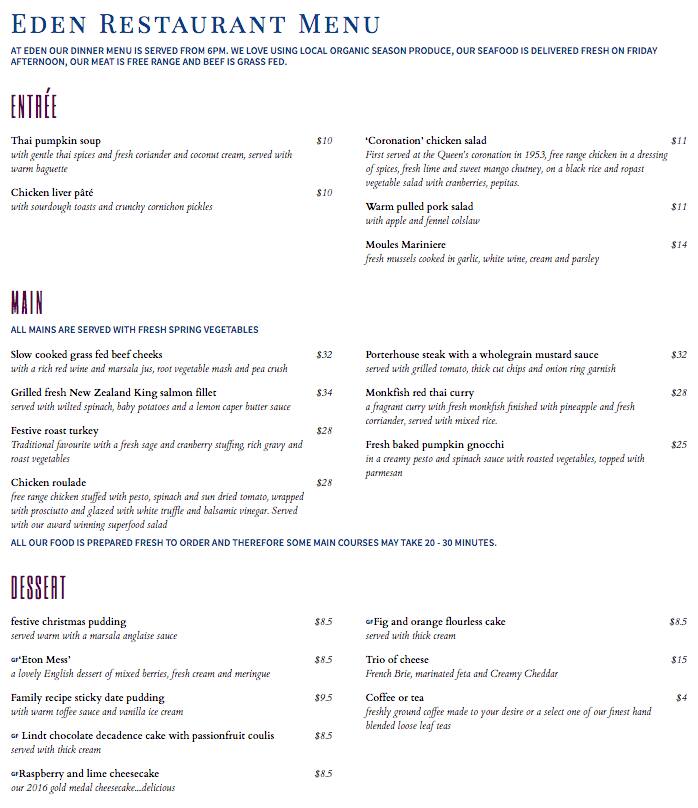 Eden menu, Menu restauracji Eden, Mount Dandenong, Melbourne