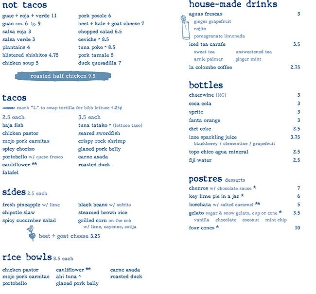 Menu at bartaco, Raleigh