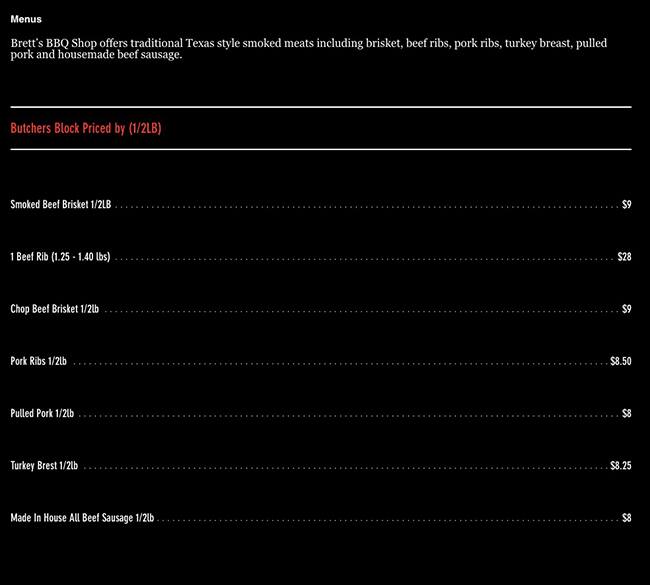 Menu At Brett's Barbecue Shop, Houston