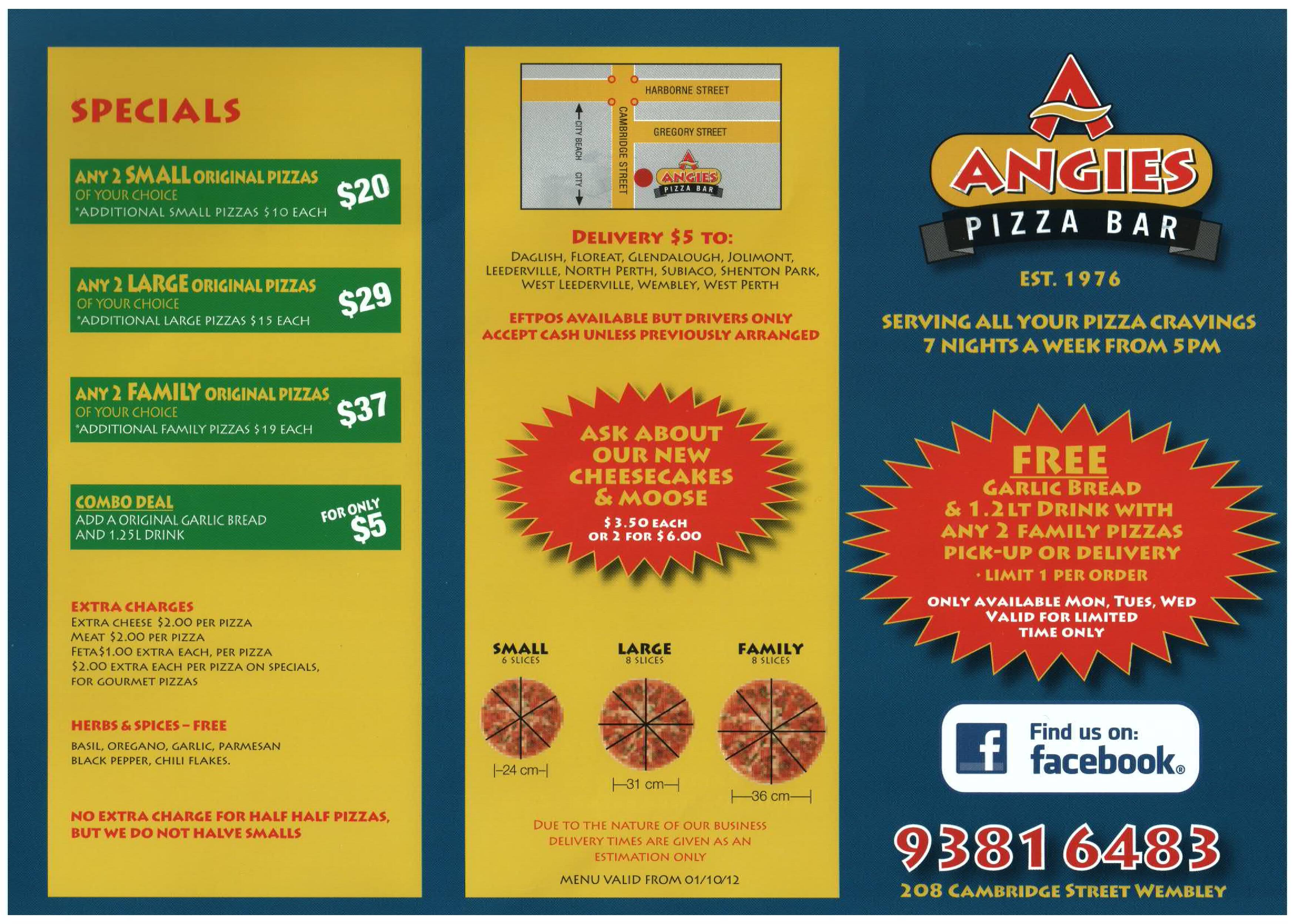 Angies Pizza Bar Menu, Menu for Angies Pizza Bar, Wembley, Perth