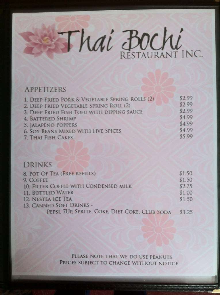 Thai Bochi Restaurant Menu, Menu v reštaurácii Thai Bochi Restaurant