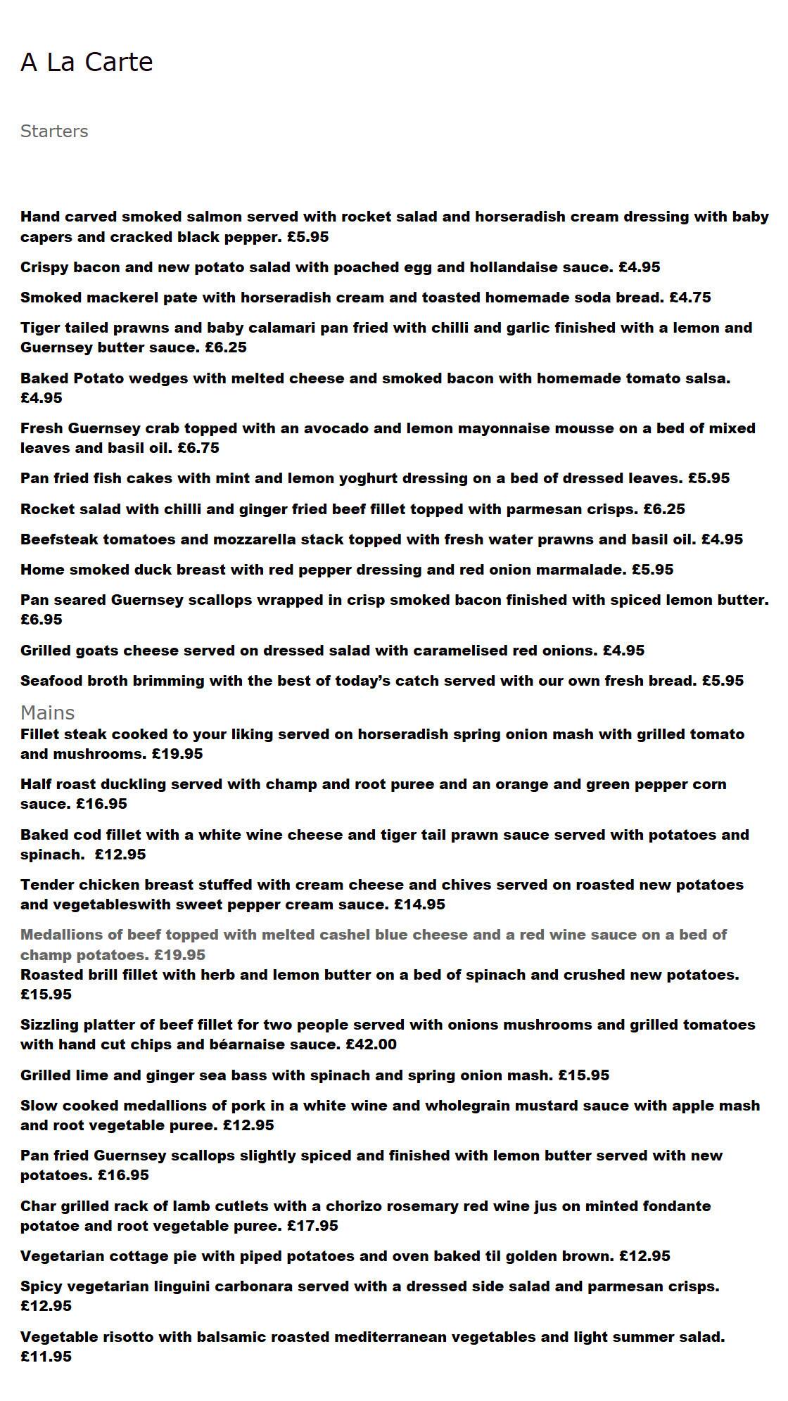 The Old Quarter Menu, Menu for The Old Quarter, Guernsey, South West