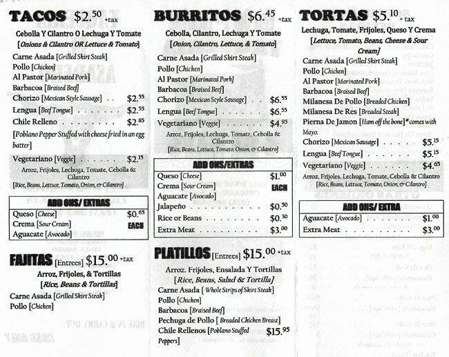 Taqueria El Asadero Menu, Menu for Taqueria El Asadero, North Center