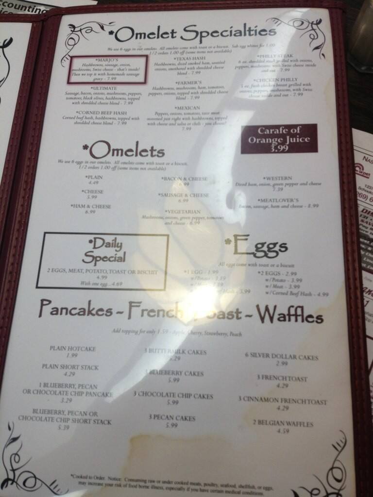 Menu at Marjo's West restaurant, Schoolcraft