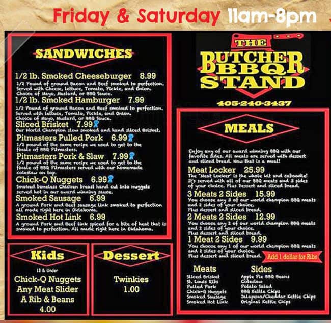 Butcher BBQ Stand Menu, Menu for Butcher BBQ Stand, Wellston, Oklahoma