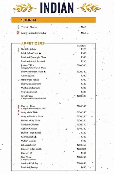 Vatika Restaurant menu