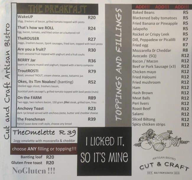 Cut and Craft Bistro Menu, Menu for Cut and Craft Bistro, Kensington