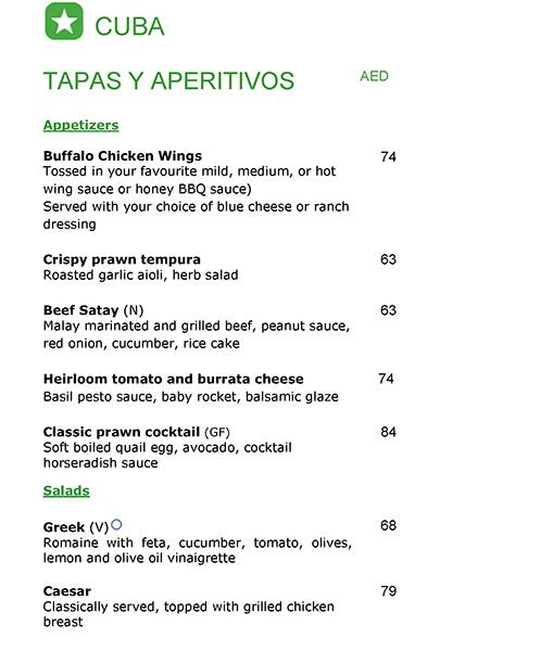 Menu at CU-BA restaurant, Dubai