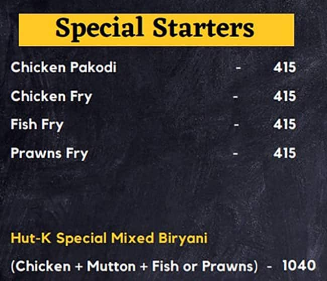 Menu of Hut K Bucket Biryani, Ameerpet, Hyderabad