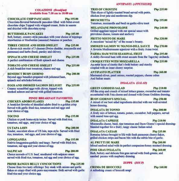 Buon Giorno Menu, Menu for Buon Giorno, Tagaytay City, Tagaytay City ...