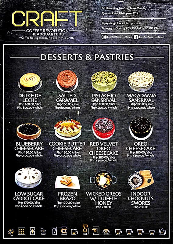 Menu at Craft Coffee Revolution cafe, Quezon City, 66 Broadway Ave