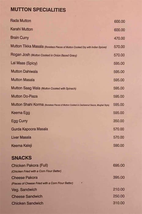 Pindi Restaurant Delhi menu