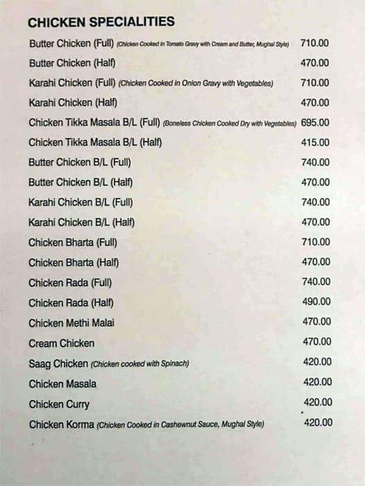 Pindi Restaurant Delhi menu