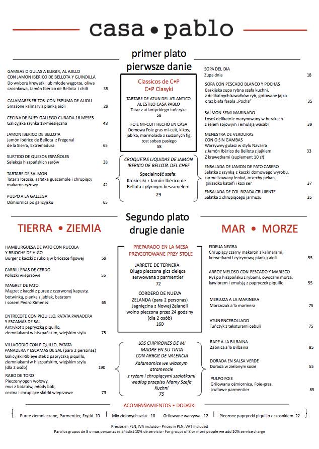 Casa Pablo menu, Menu restauracji Casa Pablo, Śródmieście Północne