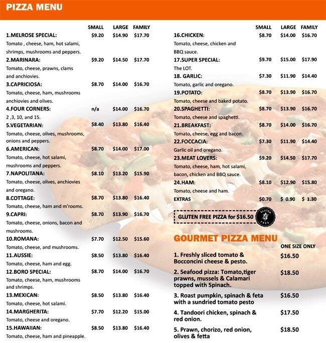 Melrose Pizza Menu, Menu for Melrose Pizza, Tullamarine, Melbourne