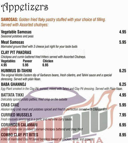 Clay Pit Menu, Menu for Clay Pit, Mill Creek, Mill Creek Urbanspoon