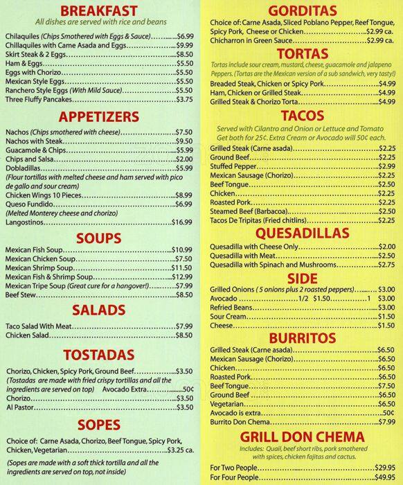 Don Chema Menu, Menu for Don Chema, Logan Square, Chicago Urbanspoon
