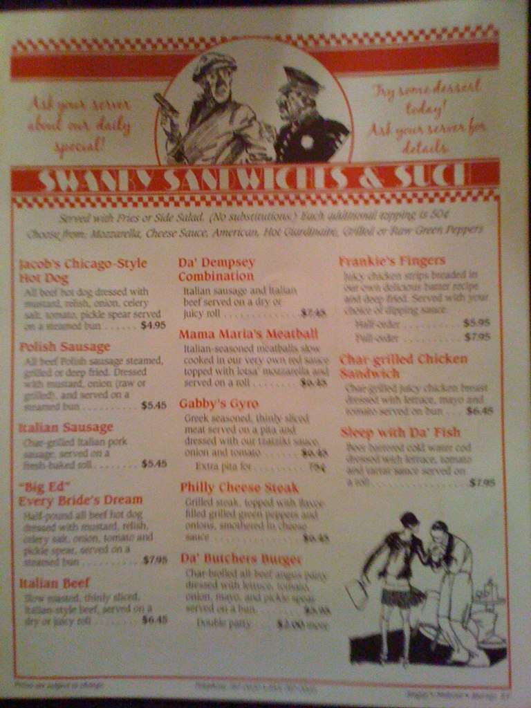 Menu at Mugsy's pizzeria, Murray