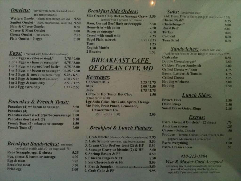 Breakfast Cafe Menu, Menu for Breakfast Cafe, West Ocean