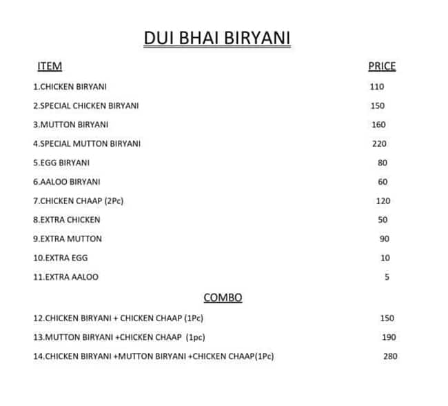 Menu of Dui Bhai Biryani, Rishra, Kolkata