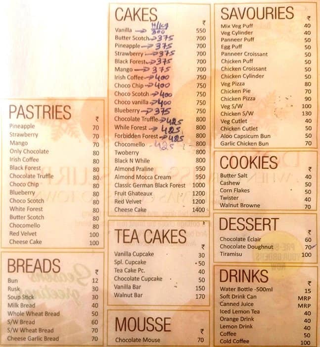 Bakers Cottage Menu, Menu for Bakers Cottage, Anna Nagar East, Chennai