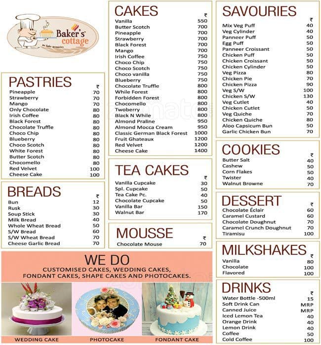 Bakers Cottage menu, Menu restauracji Bakers Cottage, Anna Nagar East