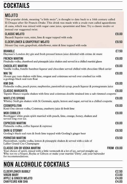 The Restaurant Bar & Grill Manchester menu