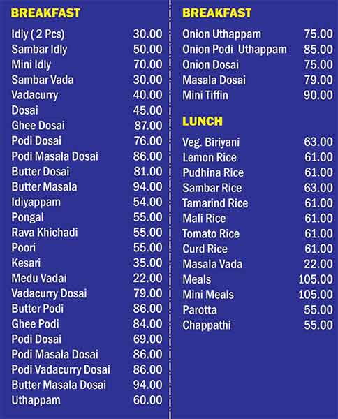 Karthick Tiffin Center menu