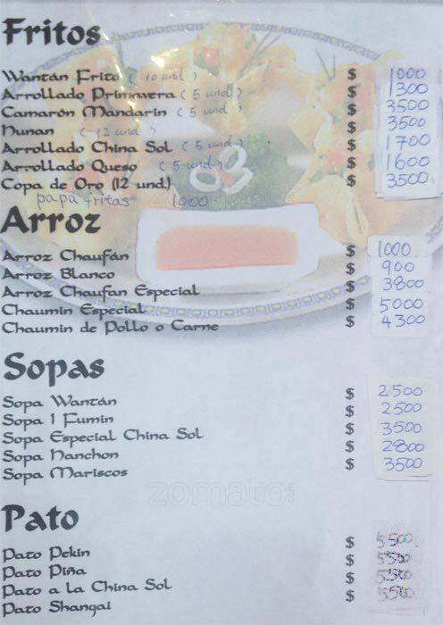 China Sol меню