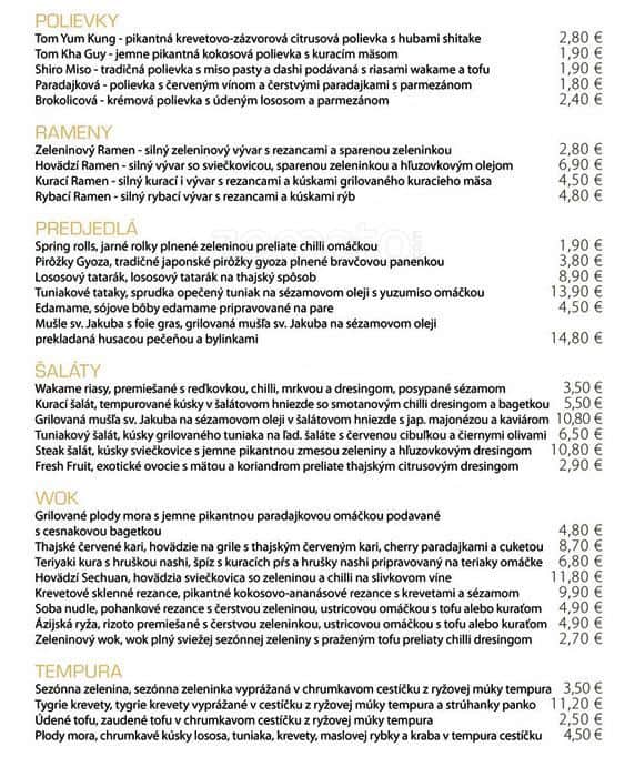 Wasabi Sushi Steak & Lounge Bar a Nitra Foto del Menu con Prezzi
