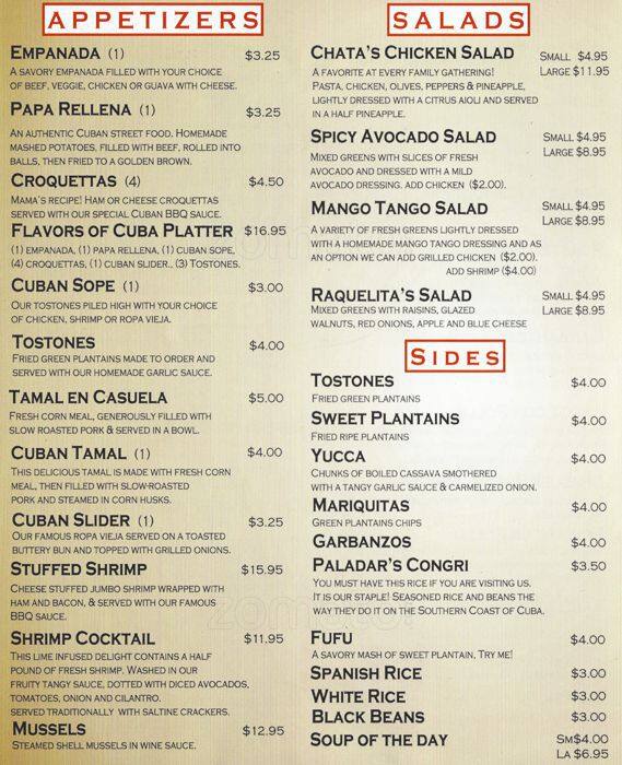 Paladar Restaurant & Rum Bar Menu Urbanspoon/Zomato