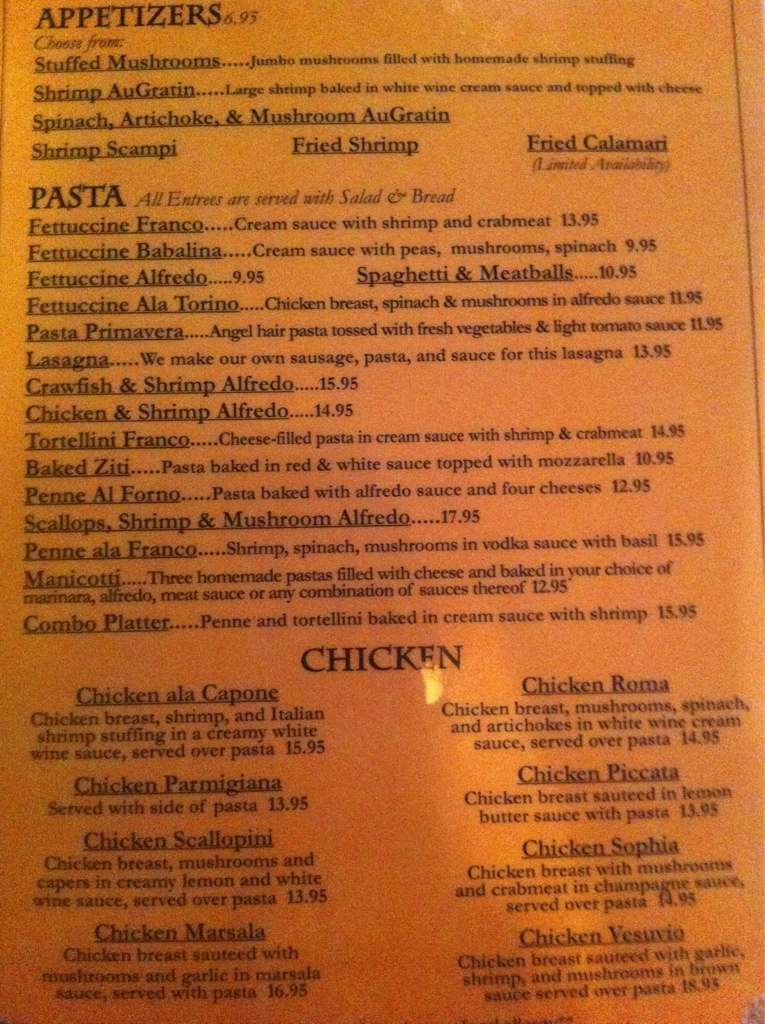 Franco's Italian Restaurant Menu - Urbanspoon/Zomato