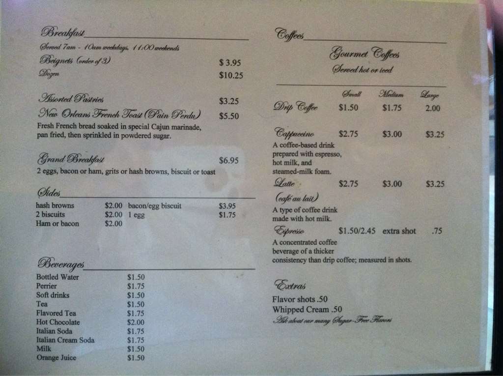 Menu at Le Petit Paris Cafe, Saint Martinville