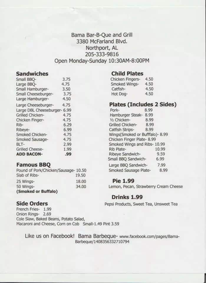 Bama Barbecue & Grill Menu Urbanspoon/Zomato
