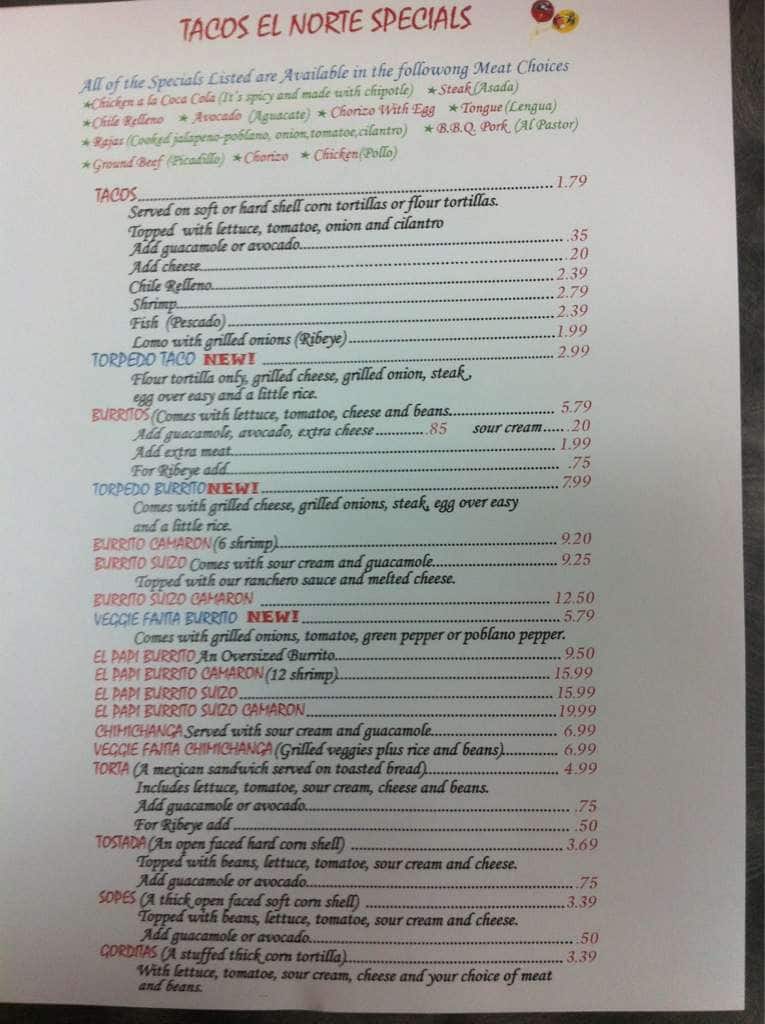 Menu at Tacos El Norte restaurant, Lake Zurich, 213 S Rand Rd