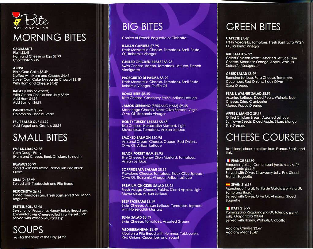 Bite Deli & Wine Menu, Menu for Bite Deli & Wine, Downtown Miami, Miami Urbanspoon/Zomato